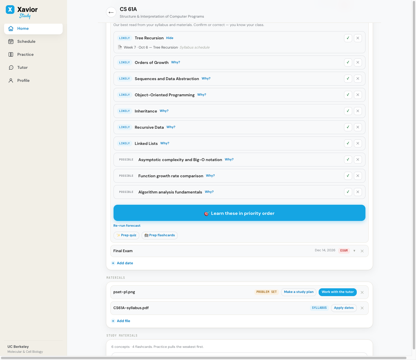 Exam forecast for Midterm 2: a ranked list of topics, each marked Likely or Possible, with its evidence such as 'Week 7 · Oct 6 — Tree Recursion · Syllabus schedule', and a button to learn them in priority order