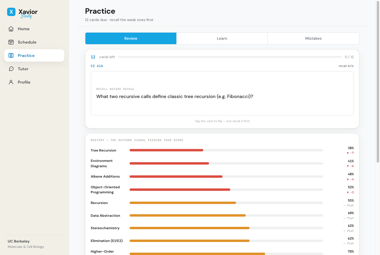 Practice screen with quizzes and flashcards generated from your coursework, tracking mastery per concept